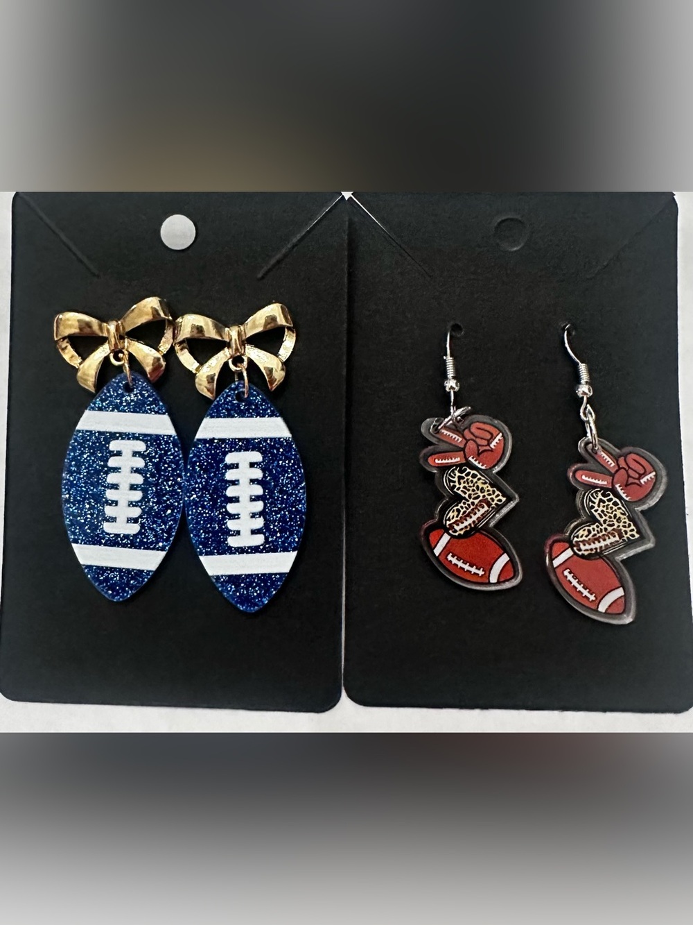 2 Pairs of Football Earrings 1 Glitter/Bow Post & 1 FB, Heart & peace dangle
